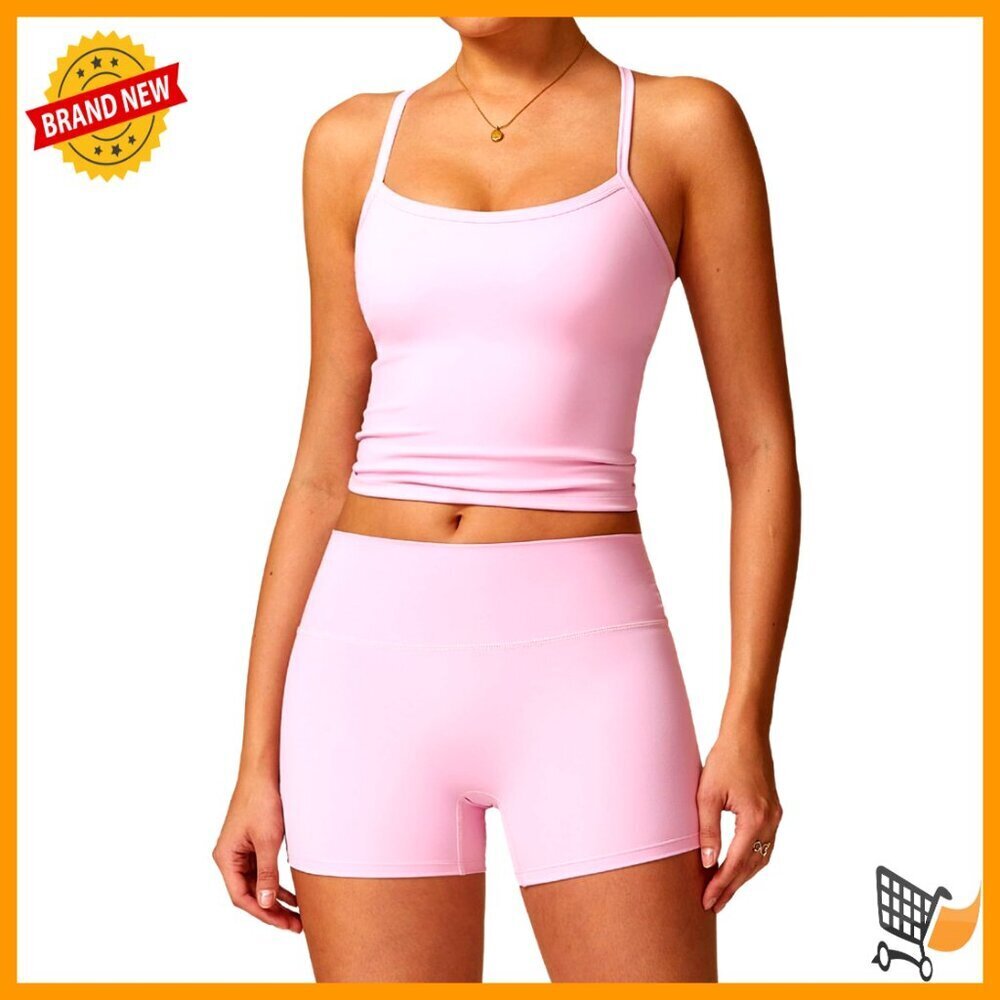 Two Piece Workout Set Cross Back Tank High Waist Shorts Active Wear